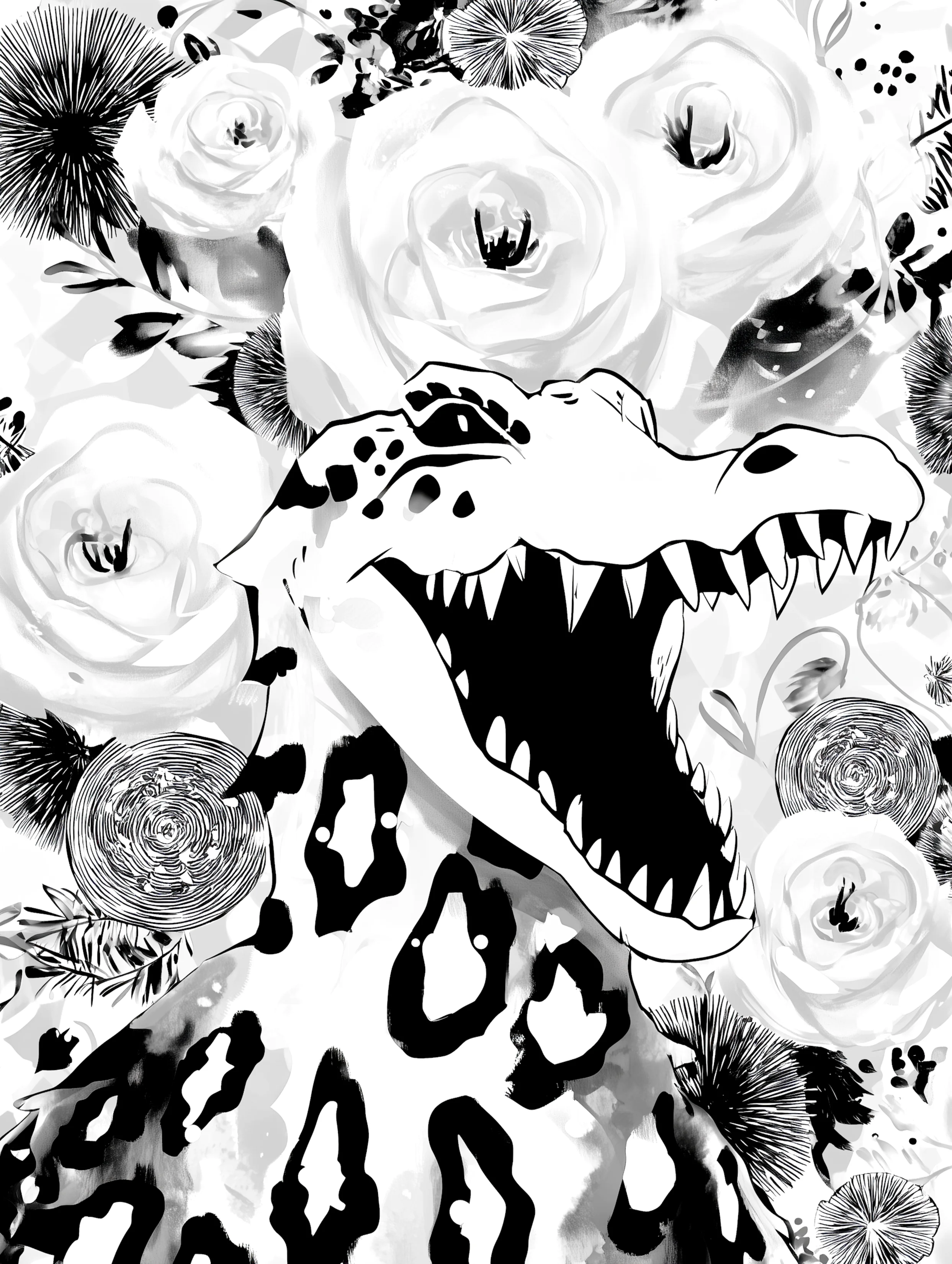 Free printable crocodile coloring pages for adults featuring a croc with open mouth and roses